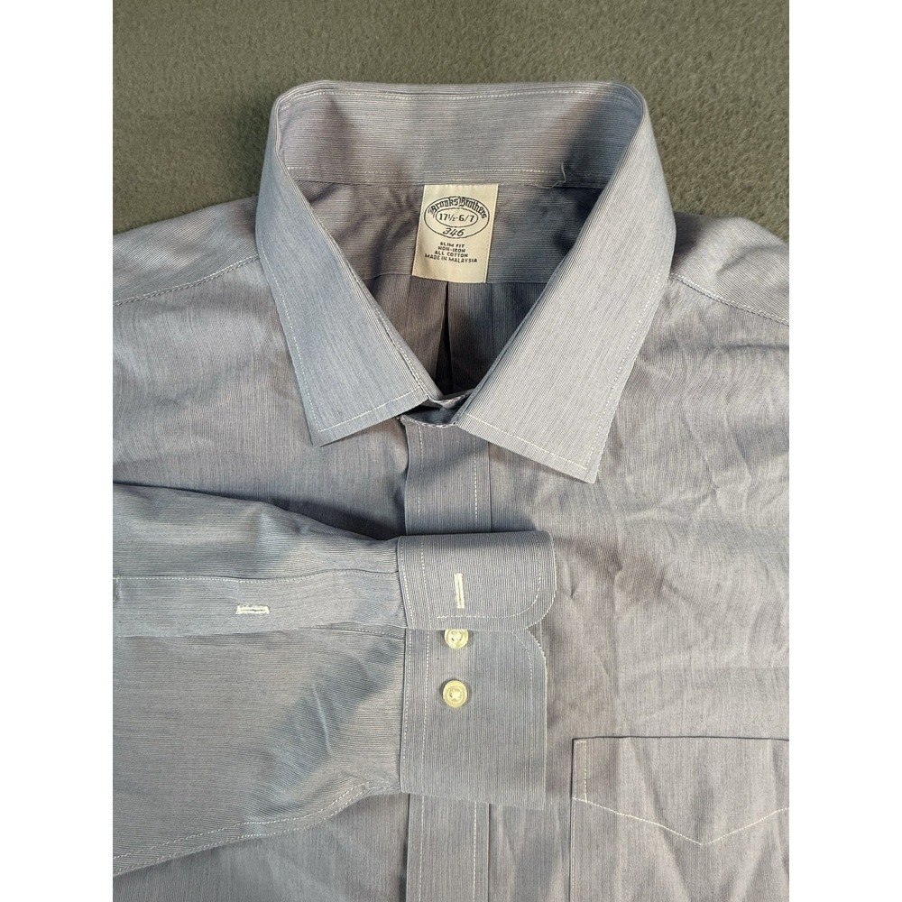Brooks Brothers 346 Dress Shirt Mens 17.5 36/37 Blue Pinstripe Non Iron Slim Fit